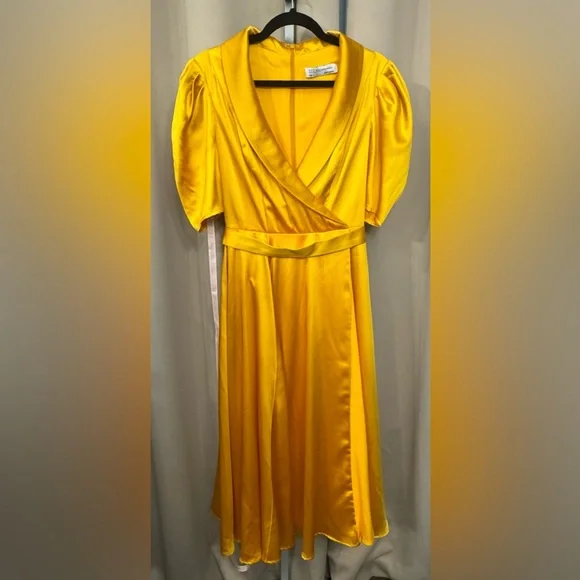 Mac Duggal Yellow Puff Sleeve Midi Dress - Picture 3 of 7